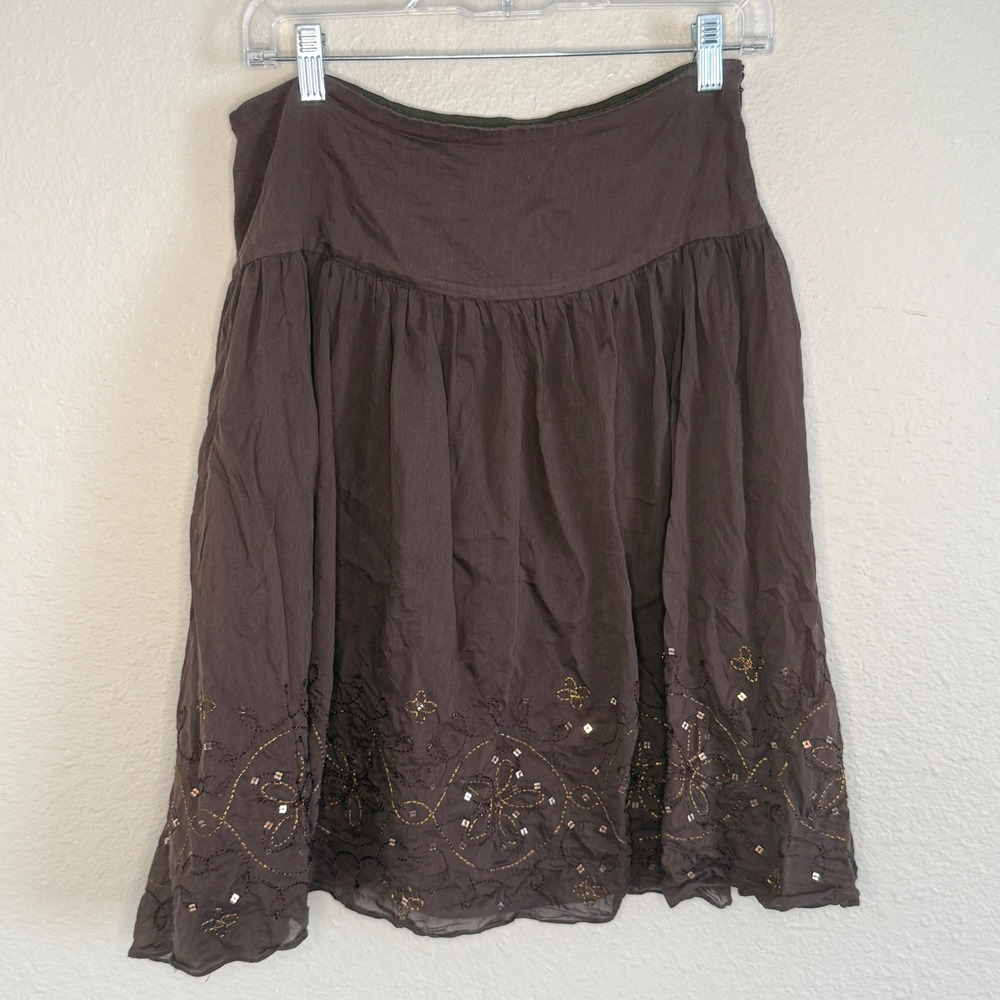 Forest Fairy Boho Earthy Express Brown Cotton Silk Embroidered Skirt Womens 6